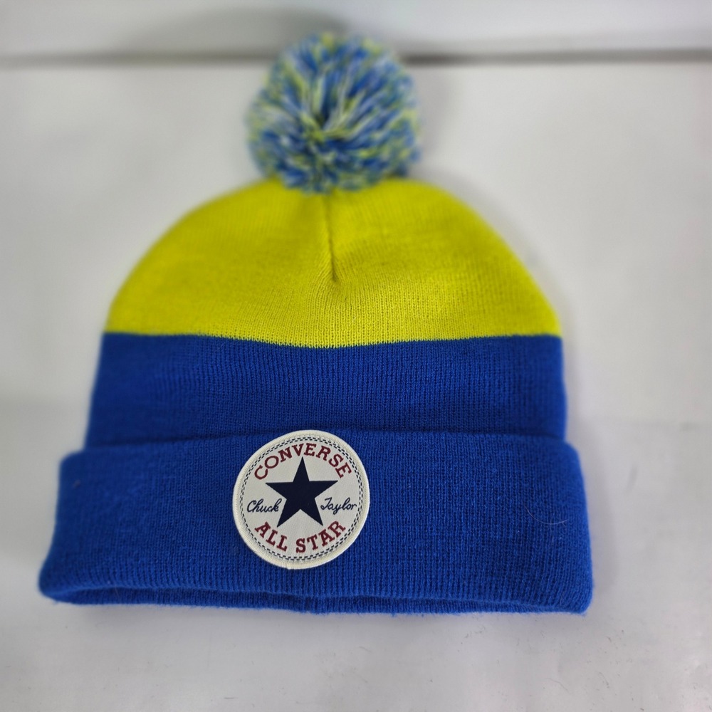 Converse Chuck Taylor All Star Youth Pom Beanie Hat Blue Yellow Knit 5283-U3H